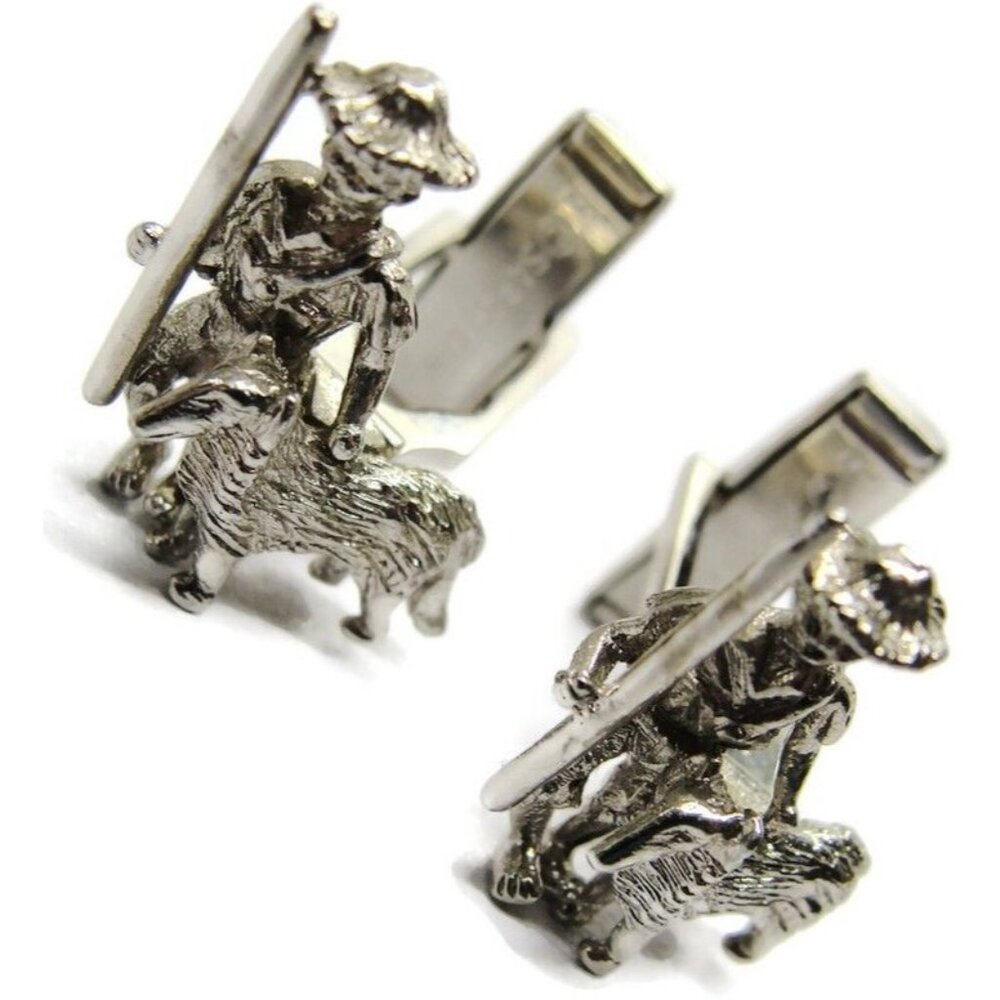 Vintage Sarah Coventry 3D Man & Dog Shepard Boy & Collie Silver Tone Cufflinks